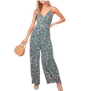 Astr The Label Plisse V Neck Wide Leg Jumpsuit Teal Mulit Floral Size L